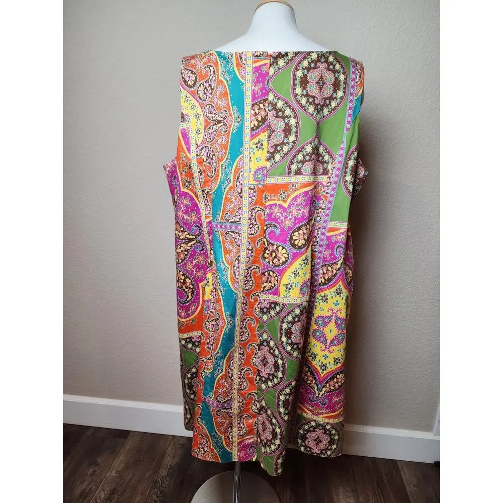 Peter Nygard Lined Sheath Sleeveless Dress Knee Length Bold Print Orange Yellow